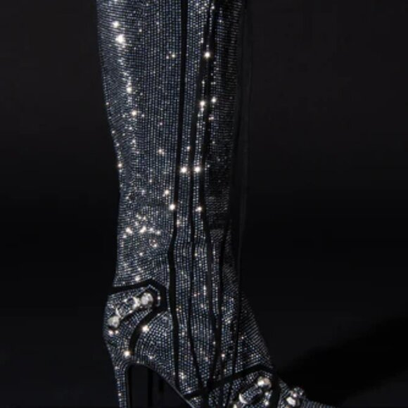 Azalea Wang MAEVE SILVER STILETTO BOOTS Rhinestones Over the knee Glam 10 - Picture 9 of 12